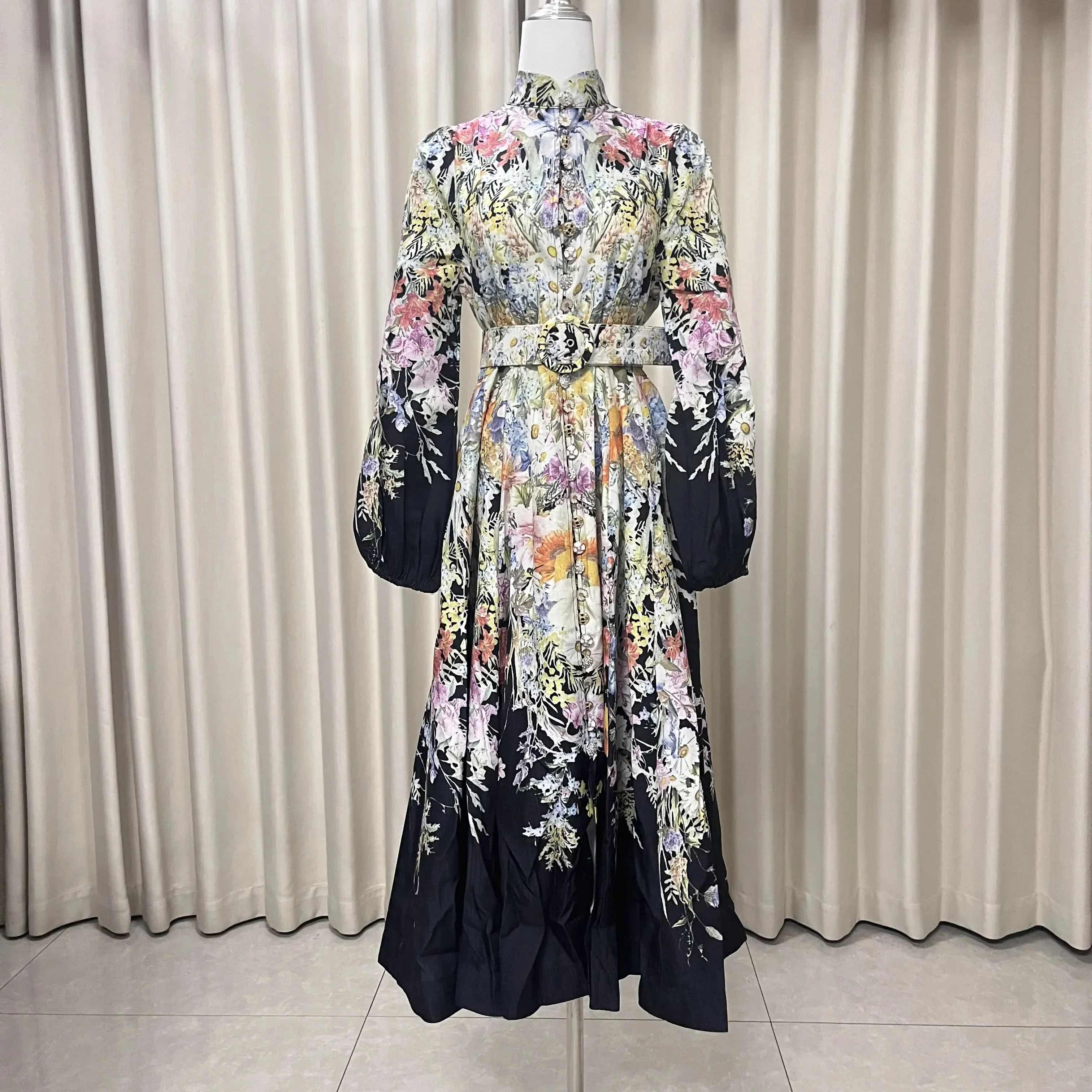 

，2025 Spring Autumn New Stand Collar Single Row Button Positioned Printed Dress Women Pocket Temperament Skirt With Belt