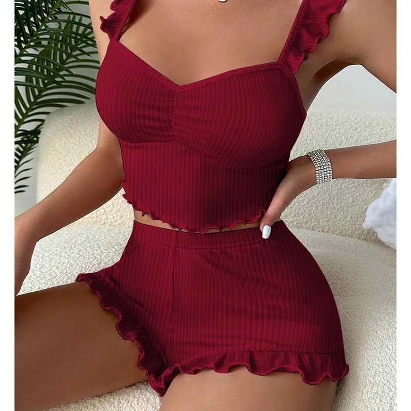 Women\'s Two-Piece Pajamas Set Summer Sexy Solid Ruffles Camisole And Shorts Pyjamas Set Sleepwear