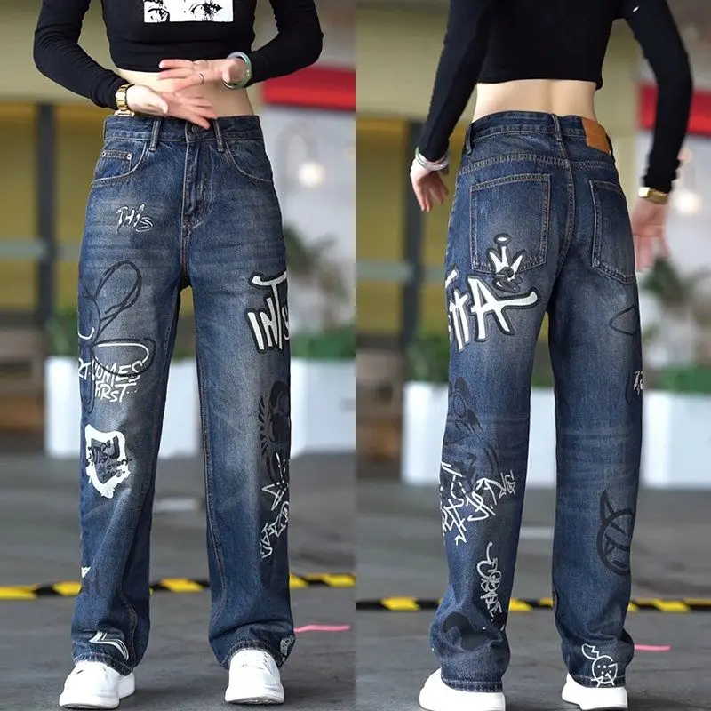 Fashion 2026 Graffiti Hand-painted Hiphop Jeans Men's Ruffian Handsome Design Sense Straight High Street Loose Wide-leg Pants