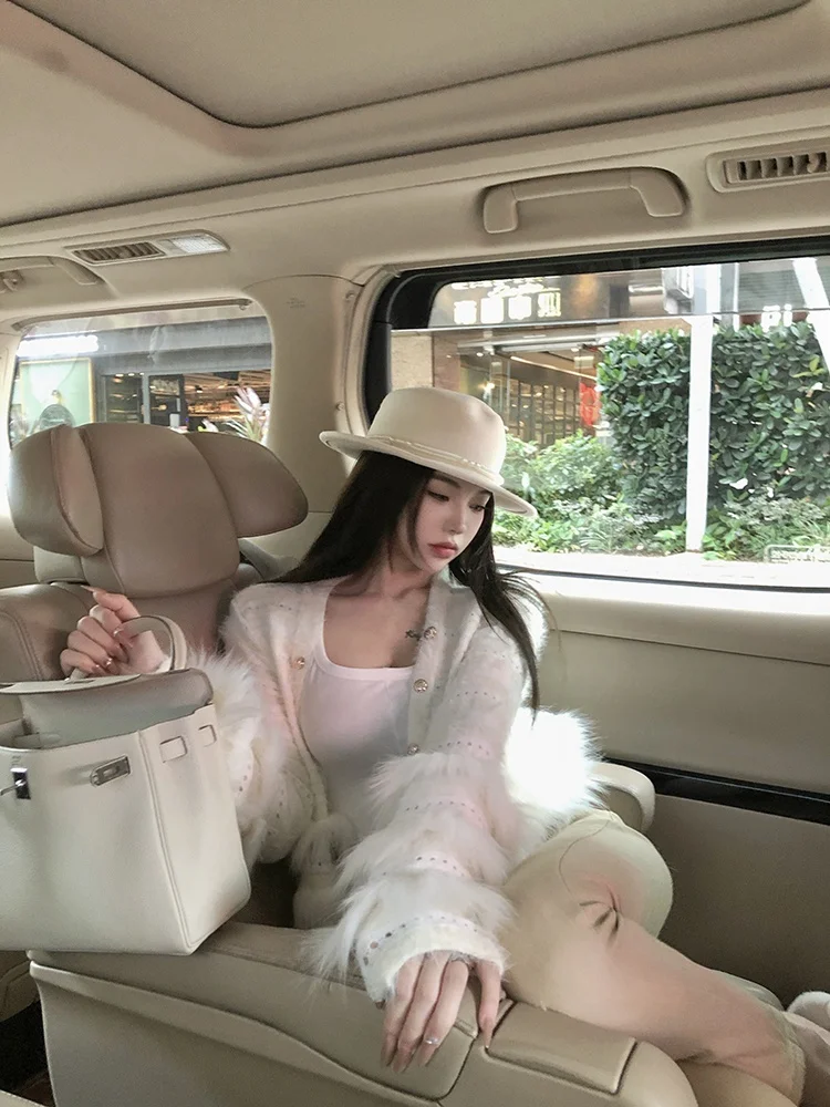 

Romantic Fur Knitted Cardigan V-Ne ort Top Coat Casual Sle Long Sve Women's Knitted Sweater with Fur Collar