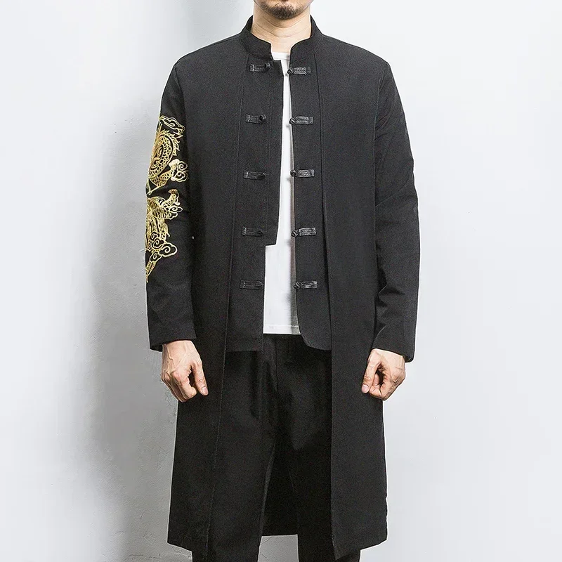 Men Loose Vintage Trench Coat Men Fake two Pieces Cardigan Kimono Coat Mens Long Chinese Style Black Windbreaker