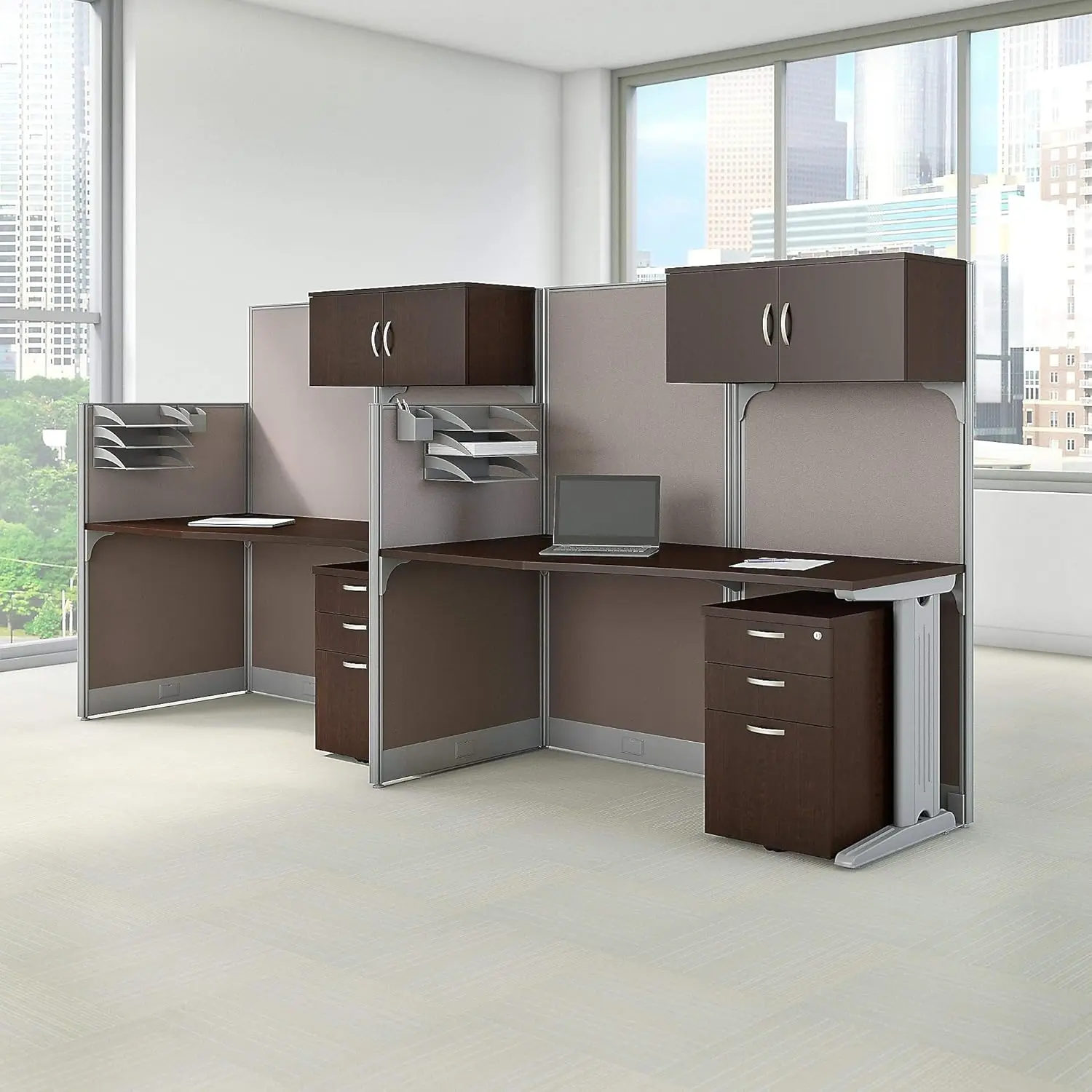 Office in an Hour Straight Cubicle Desks with Storage, Drawers, and Organizers | Double Workstation Set