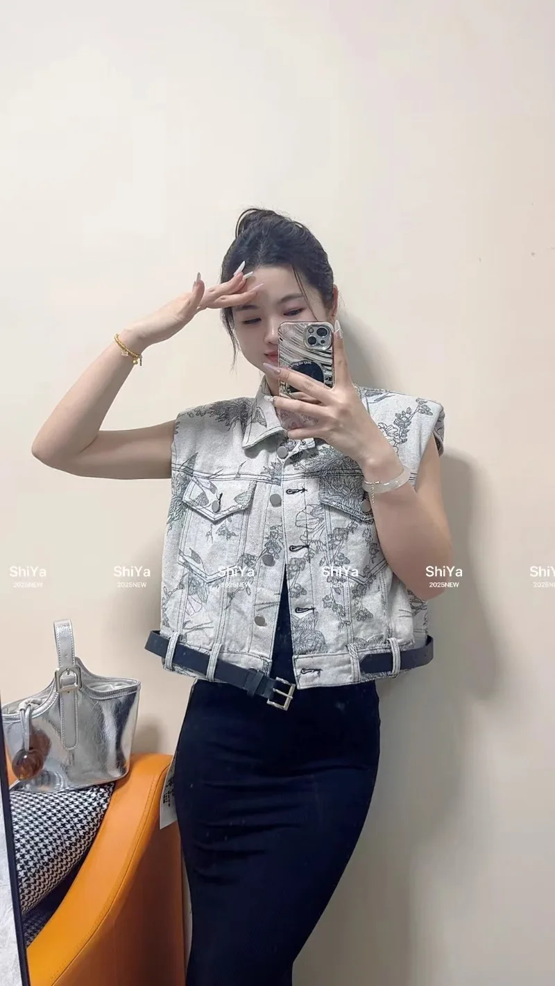 2025 Summer New Korean Version Versatile Retro Floral Denim Vest Jacket Top Casual For Women