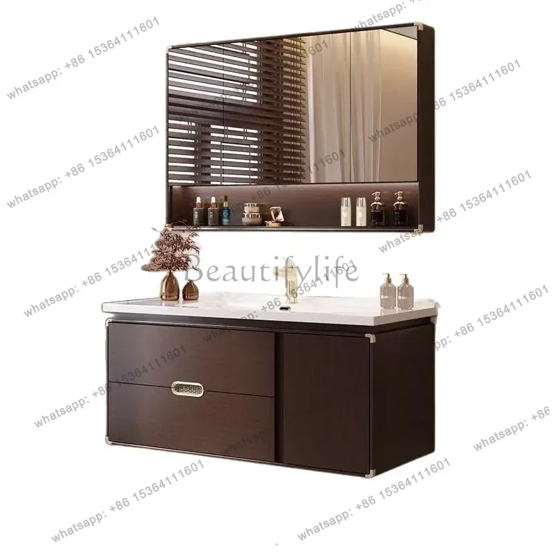 Mueble de baño integrado de madera maciza de roble chino antiguo con lavabo inteligente de cerámica