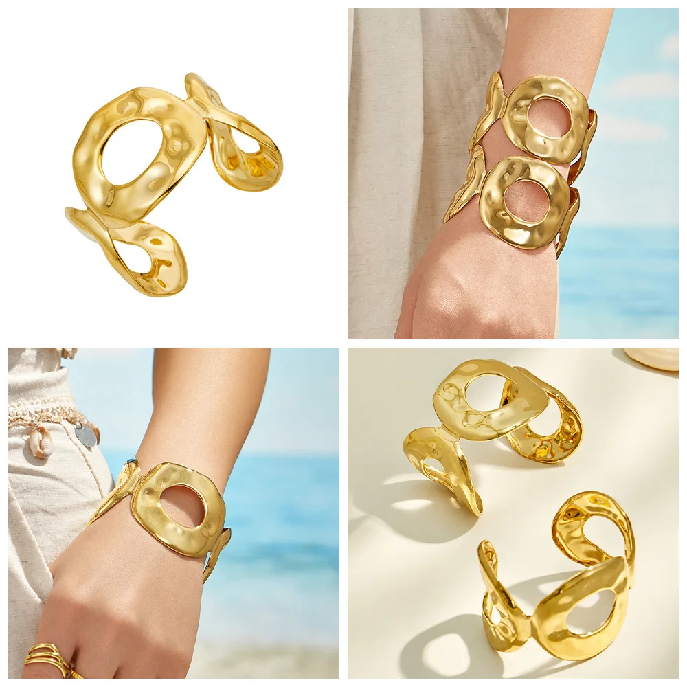 316L Edelstahl-Armreifen, Hohler Breiter Armreif, 18k Vergoldet, Massive Offene Armbänder, Strukturiertes Manschettenarmband für Damen – Detail 1