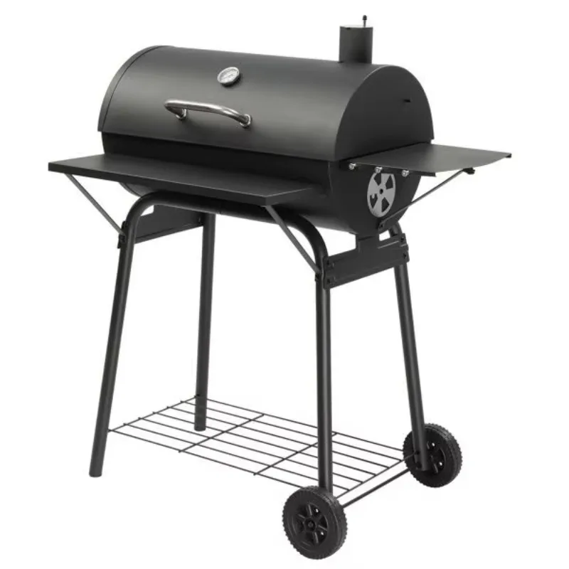 Black barrel charcoal grill with front and side tables for outdoor grilling for backyard parties
