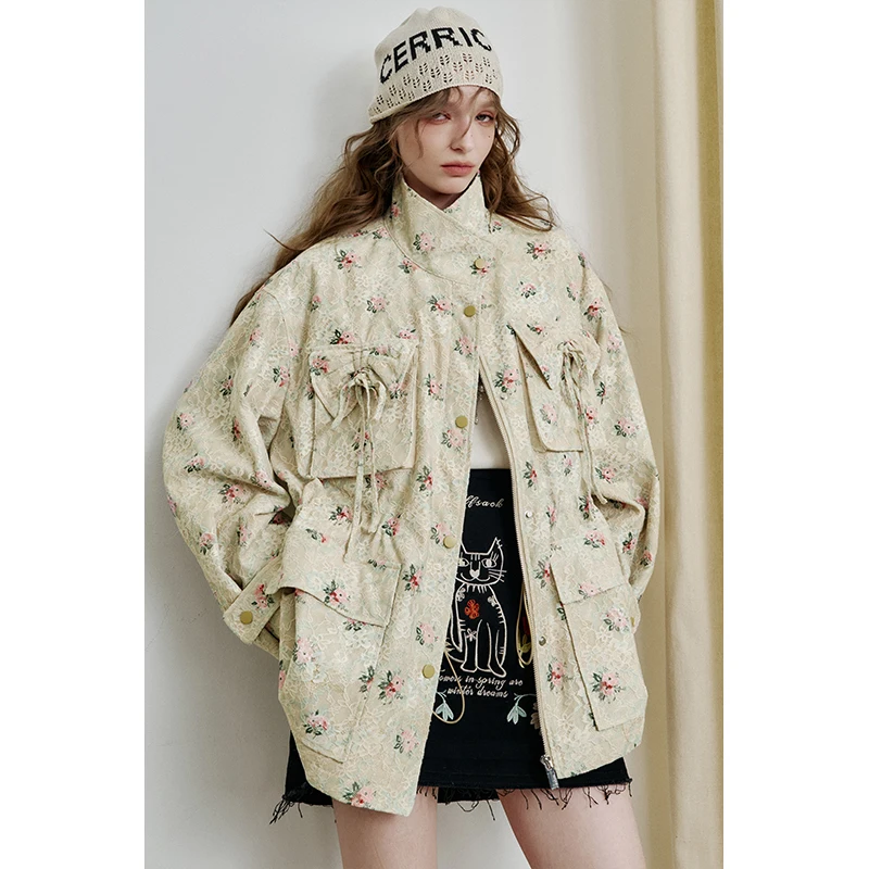 ELFSACK Women's Loose Outerwear with Floral Print, Stand Collar Multi-Pocket Coat, Casual Everyday Outerwear
