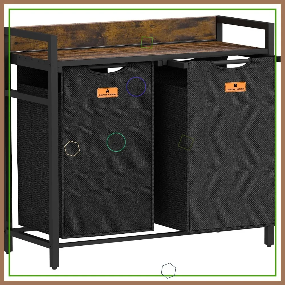 

Корзина для белья с двойным отделением, съемными сумками и полкой — вместимость 2x46 л, коричневый и черный в деревенском стиле для организации дома