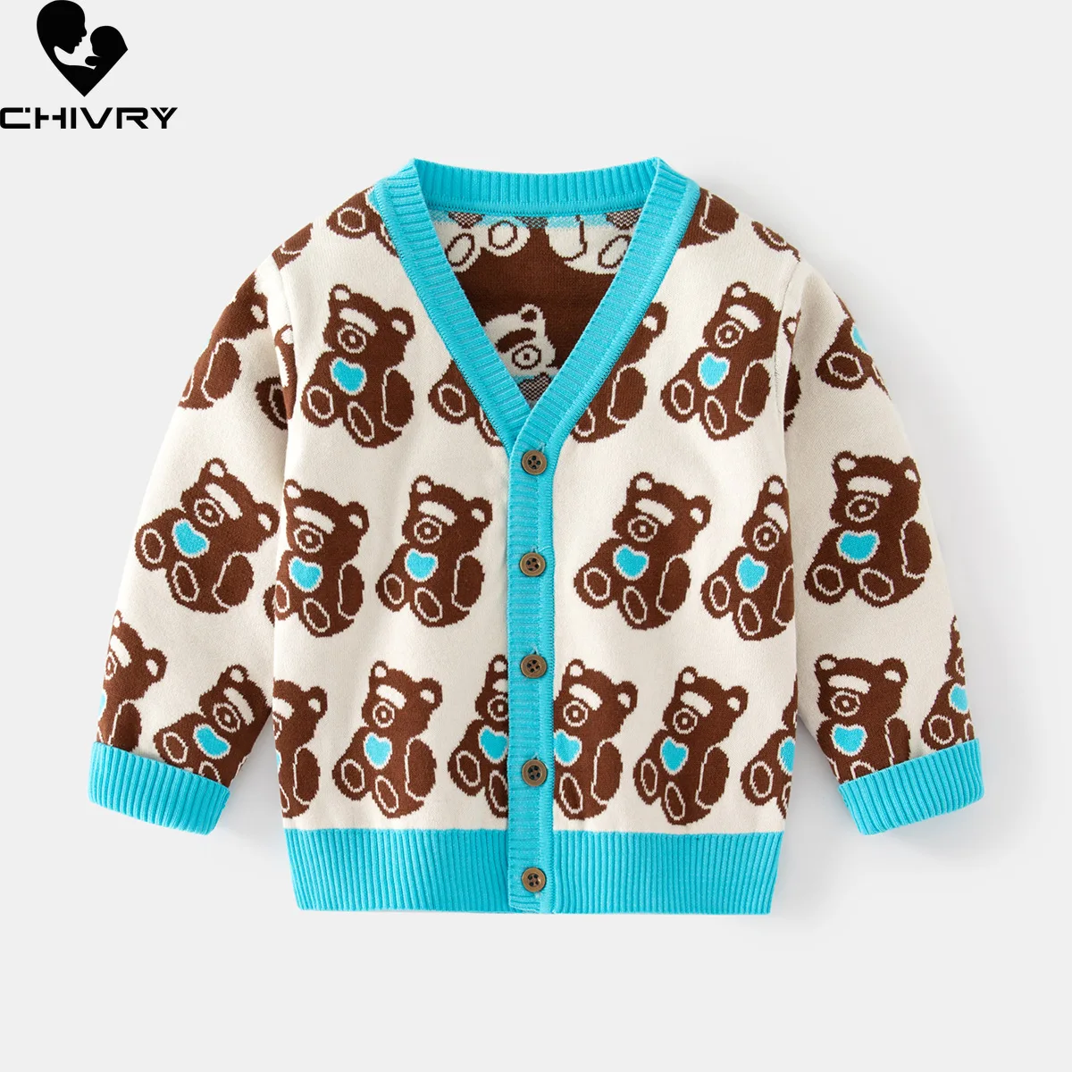 Boys Casual Cartoon Bear Warm Knitted V-neck Cardigan Sweater Coat Kids Knitwear Children's Autumn Winter Sweaters Cardigans