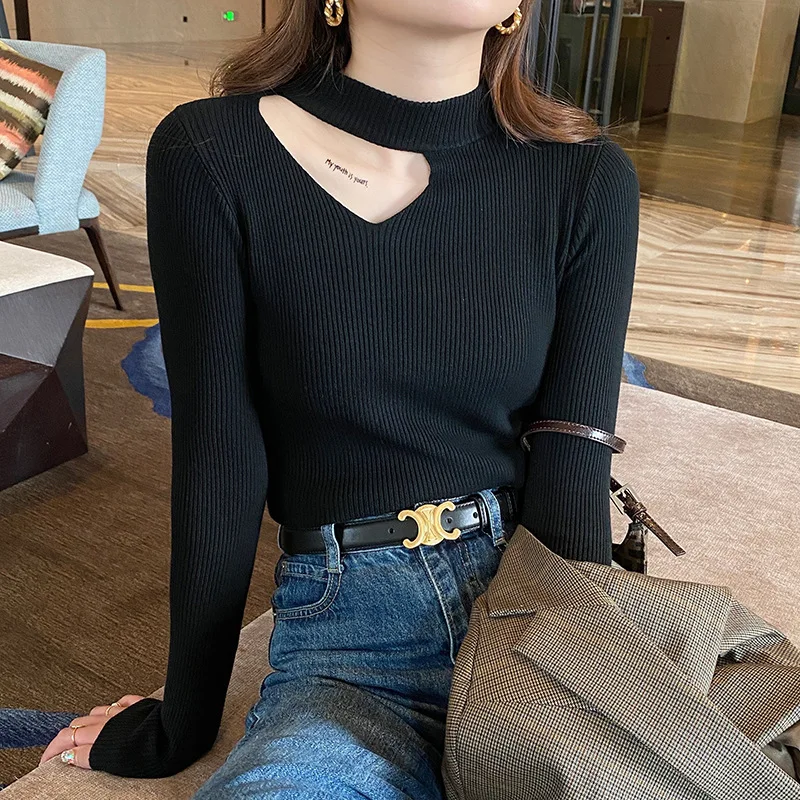 Women Sexy Halter Neck Hollow Out Sweater Solid Full Sleeve Slim Spring Autumn Bottoming Knitted Tops