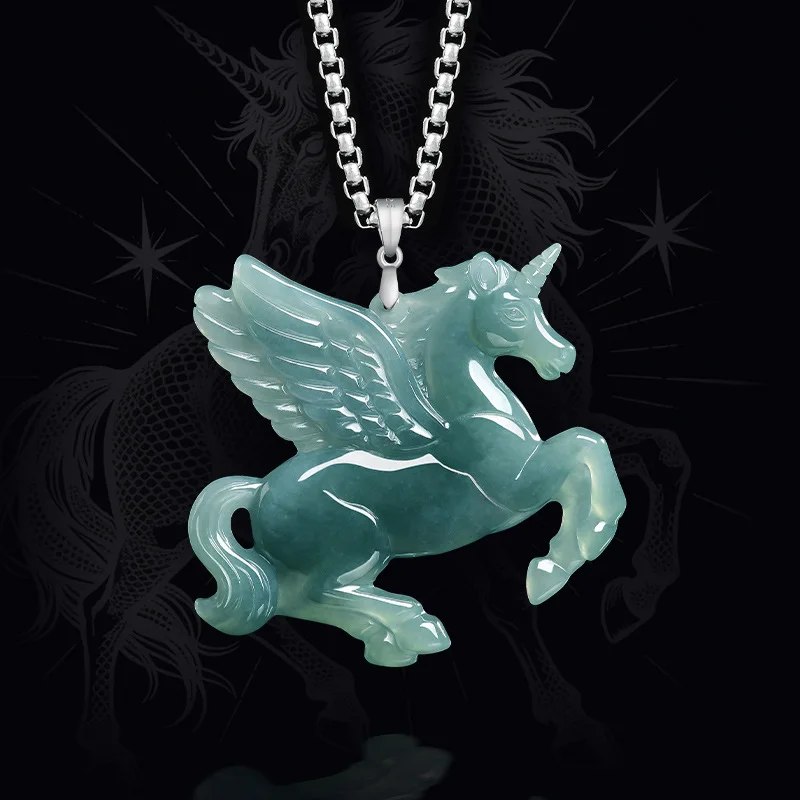 S925 Silver Inlaid Natural Jade Blue Water Flying Sky Divine Horse Necklace Pendant Personalized Accessories Men Women Gift