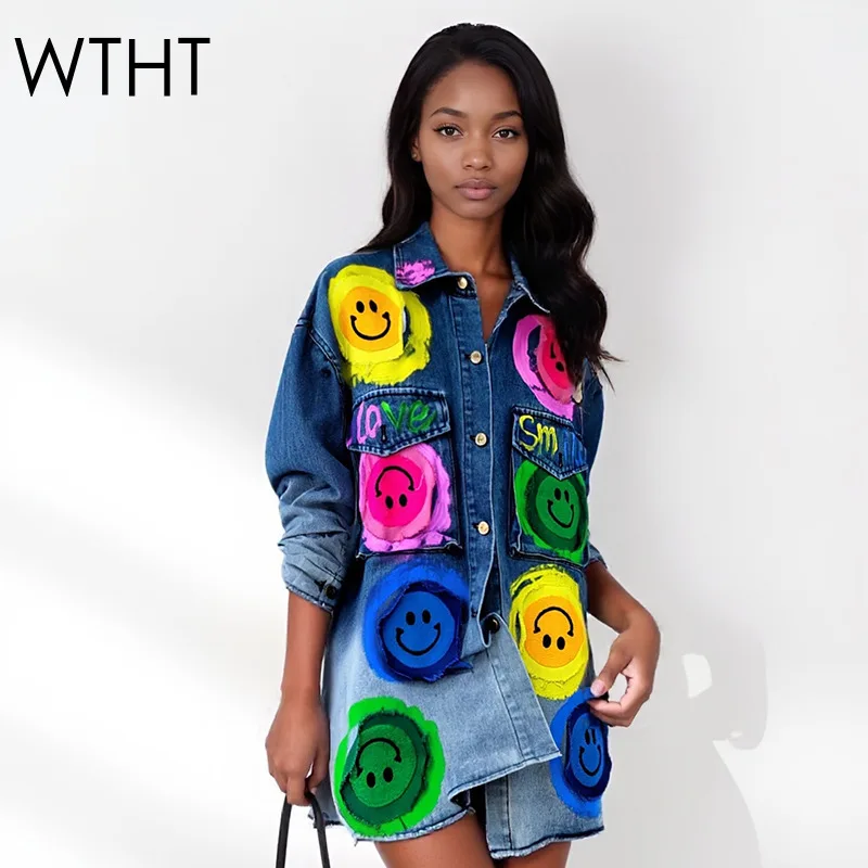 

WTHT Trendy Women's Contrast Color Graffiti Design Denim Coat 2025 Winter Fashion Lapel Long Sleeves Shirt Jacket Female 1LS2692