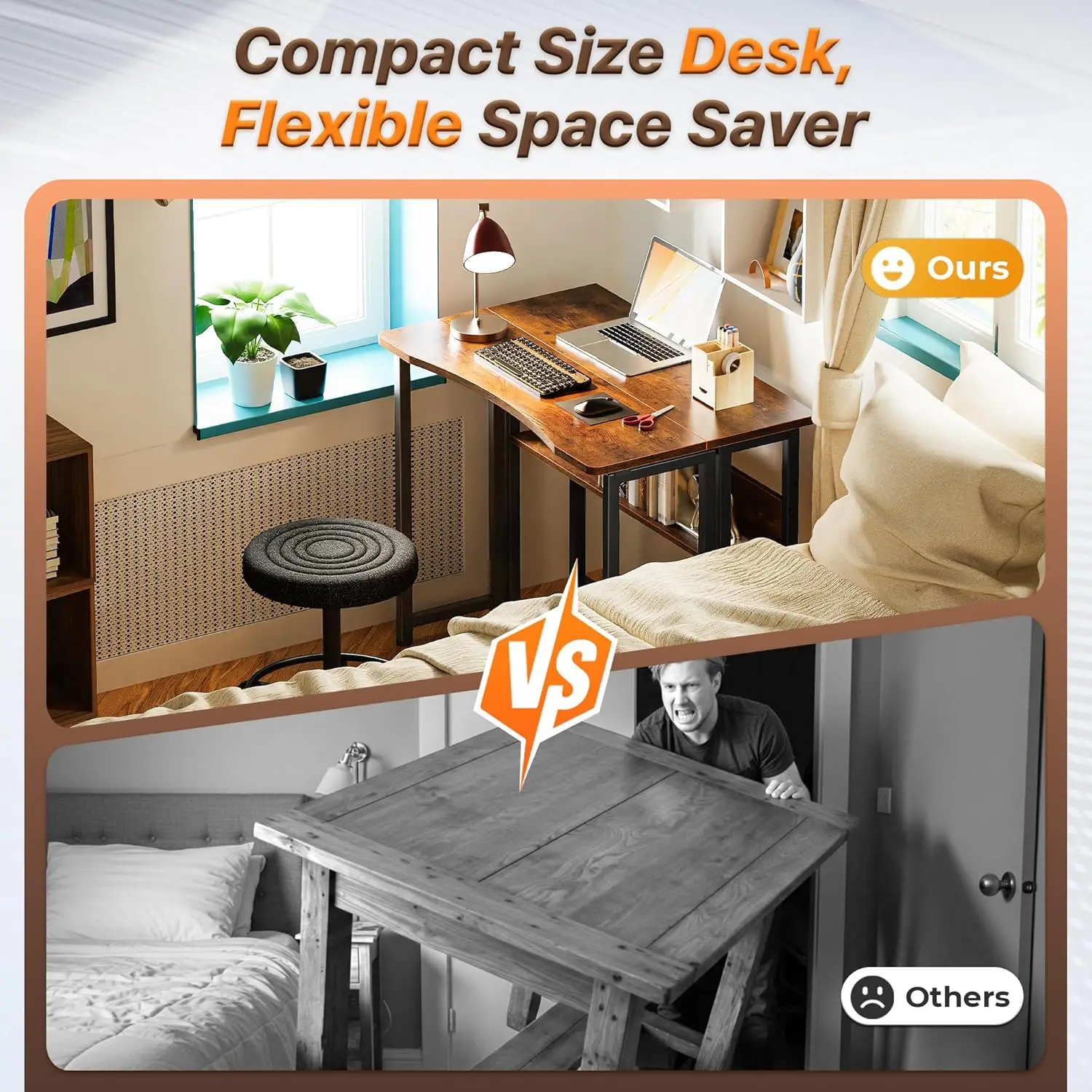 31.5 Inch Foldable Computer Desk with Storage Shelf, Space Saving Office Table for Small Spaces, Rustic Brown