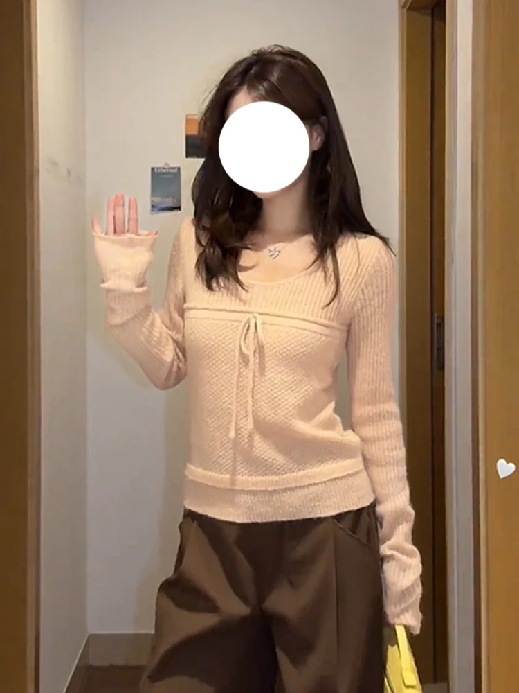 

Весенний корейский розовый вязаный свитер с круглым вырезом для женщин, дизайнерский, с длинными рукавами, молодежный, милый, с эффектом пэчворк