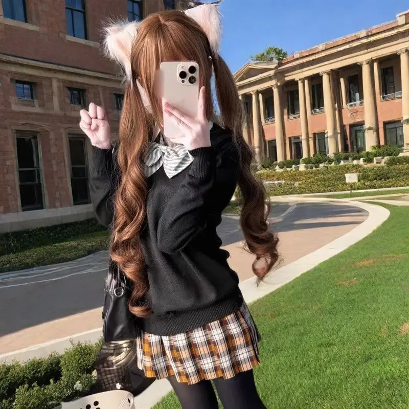 ‌ Franse krullende Lolita pruik - as kastanjebruin volledige dop, luchtpony en dubbele staarten, schattig JK schoolmeisje cosplay haar
