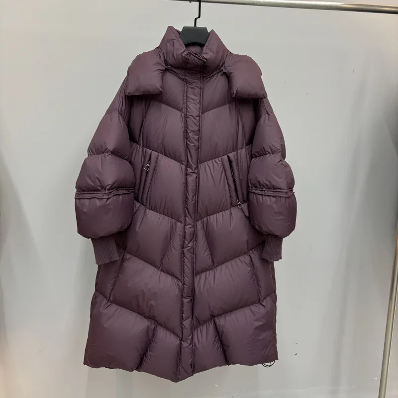 

Winter New Long Knee Over Snow Parka Thickened Puffer Jacket Winter Hooded Loose Quilt White Duck Down Jacket Women