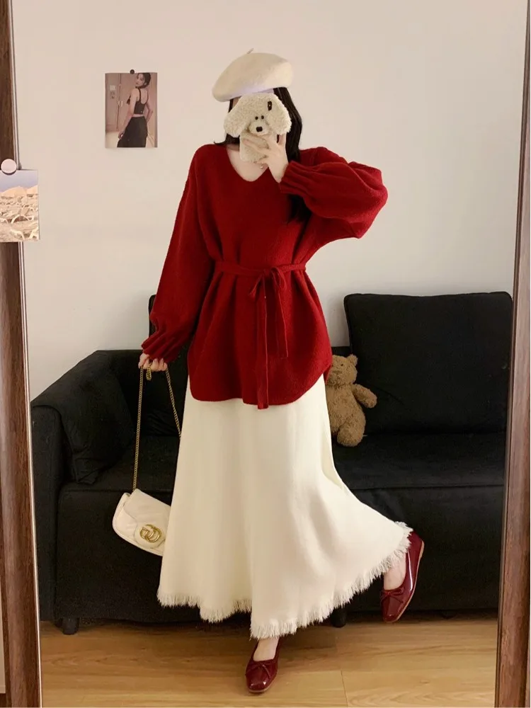 

plus Size Women's Knitted Sweater V-Ne Soft Sle High Waist Midi Skirt Faionable Autumn Winter Two-Piece Set Korean Sle