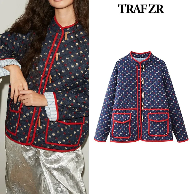 TRAF ZR-Parkas rembourrés à fleurs pour femmes, Manteau de luxe élégant, Basiques vintage, Chaud d'hiver, Neige, Luc Chic, Combiné