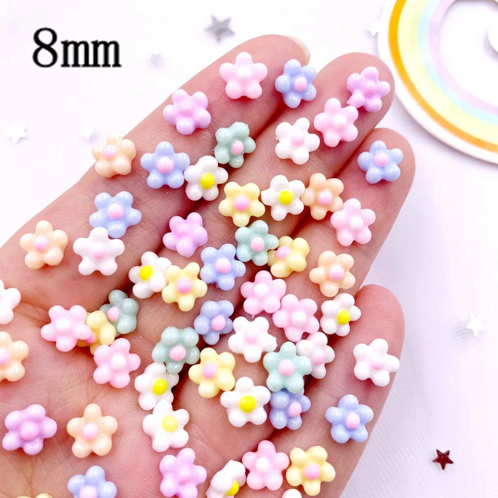 200Pcs 8mm Resin 3D Colorful Kawaii Mini Flower Gems Nail Art Flatback Rhinestone Scrapbook Wedding Applique Jewelry Decor Craft