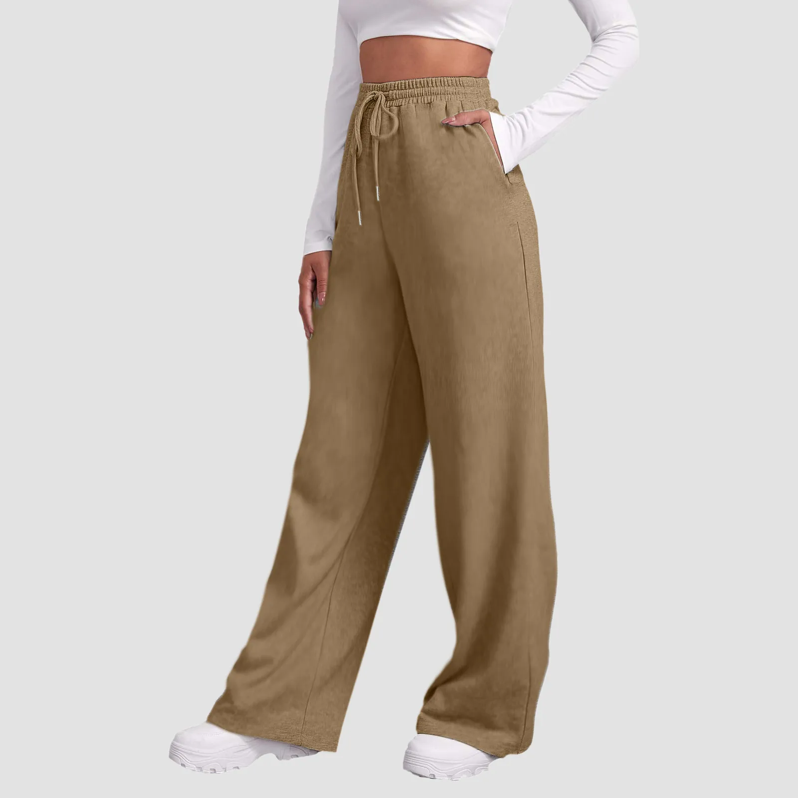 

Solid Color Women Wide Leg Casual Pant High Waist Loose Sweatpant Fashion Y2k Fleece Lined Straight Trouser Autumn