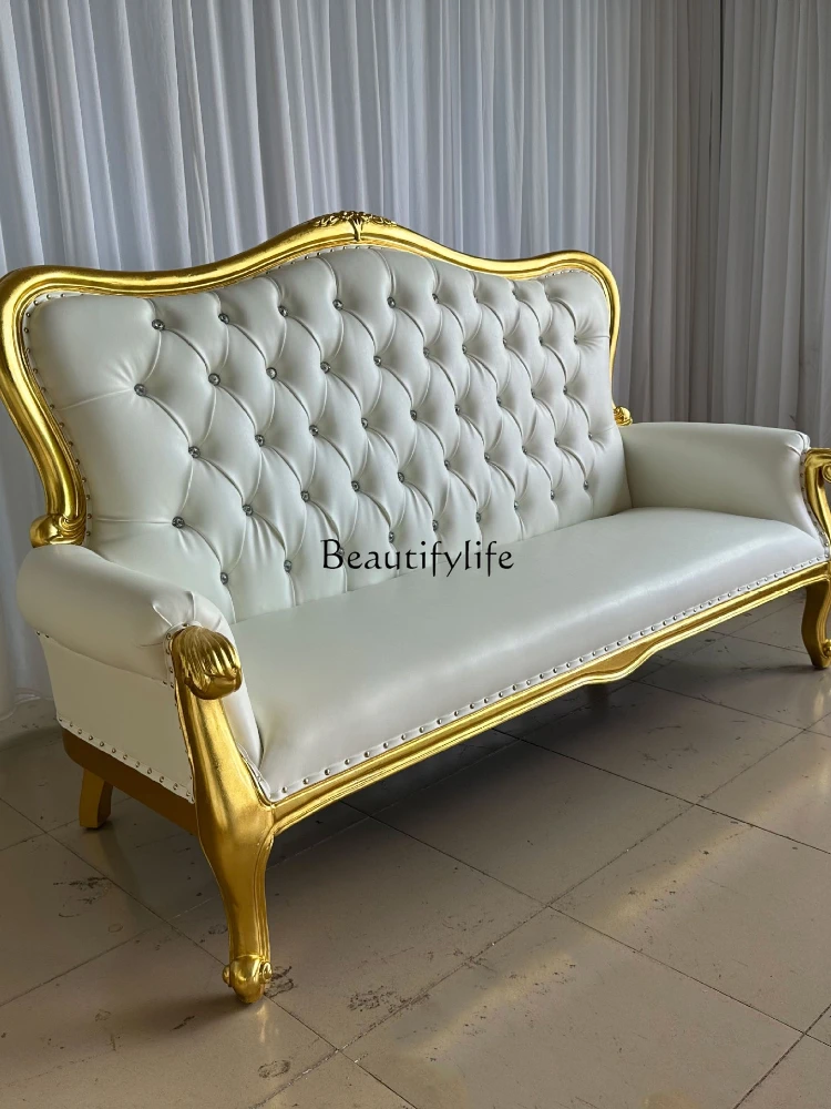03.European-style villa carved three-person sofa exquisite pattern fabric light gold