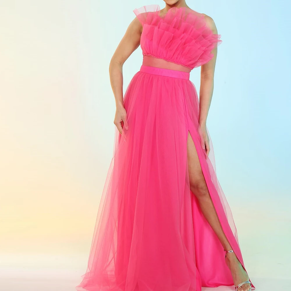 

Customized Graceful Draped Strapless Floor Length Side Slit Evening Dress A-Line Organza Sleeveless Sweep Train платье вечернее