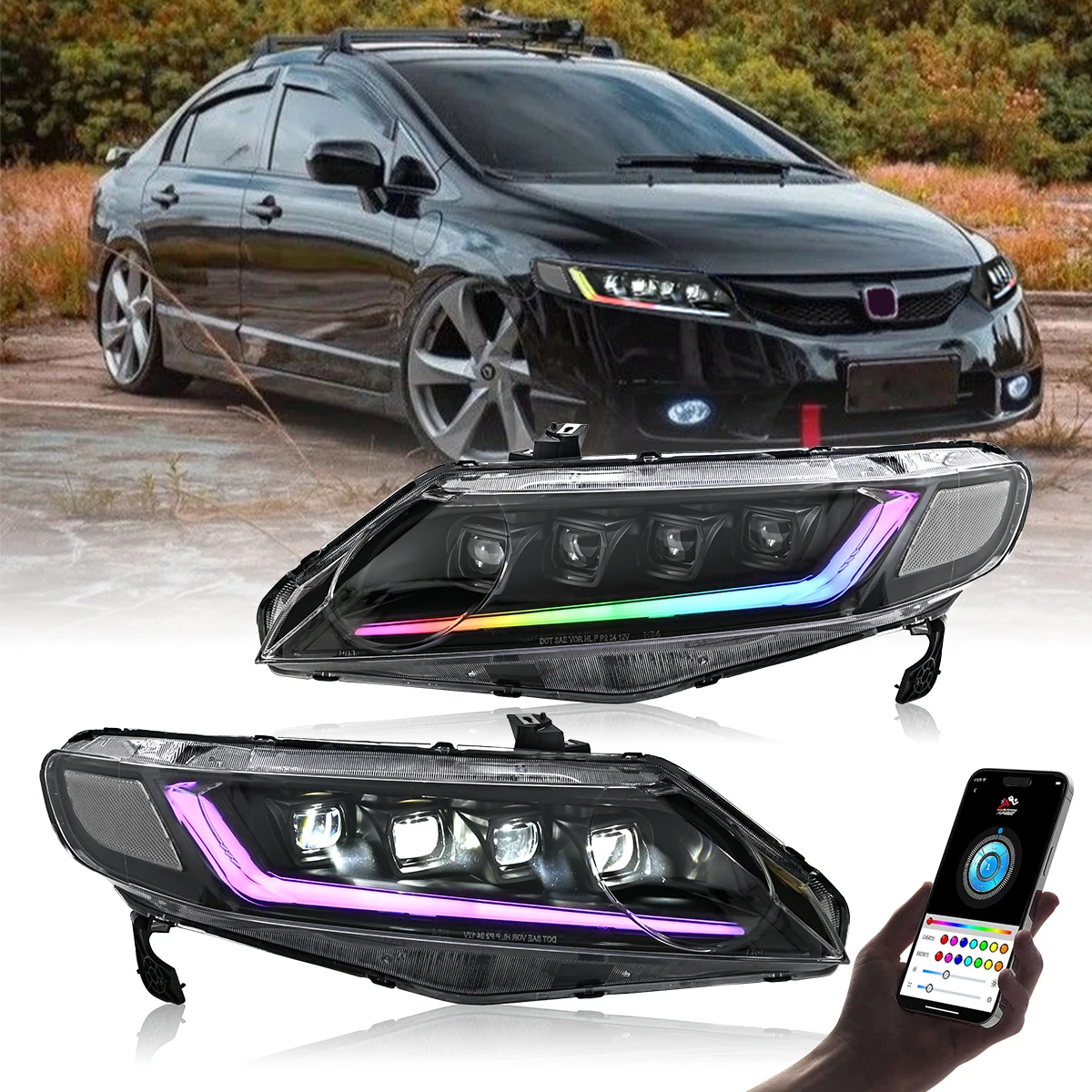 

RGB Dynamic 4 Lens LED Headlight For Honda Civic 2006-2011 Easy Installation Bright Beam