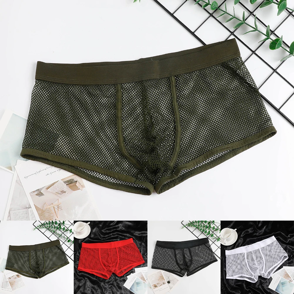 

Men Transparent Mesh Underwear Boxer Shorts Mid Waist Big U Pouch Underpants