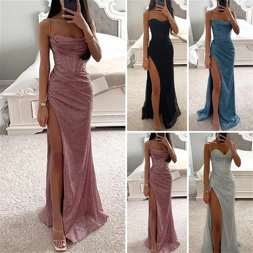 Vestido de noche para mujer, vestido con tirantes finos, lentejuelas brillantes, sin mangas, con hombros descubiertos, suelto, cintura alta, largo hasta el suelo, vestido de graduación para mujer