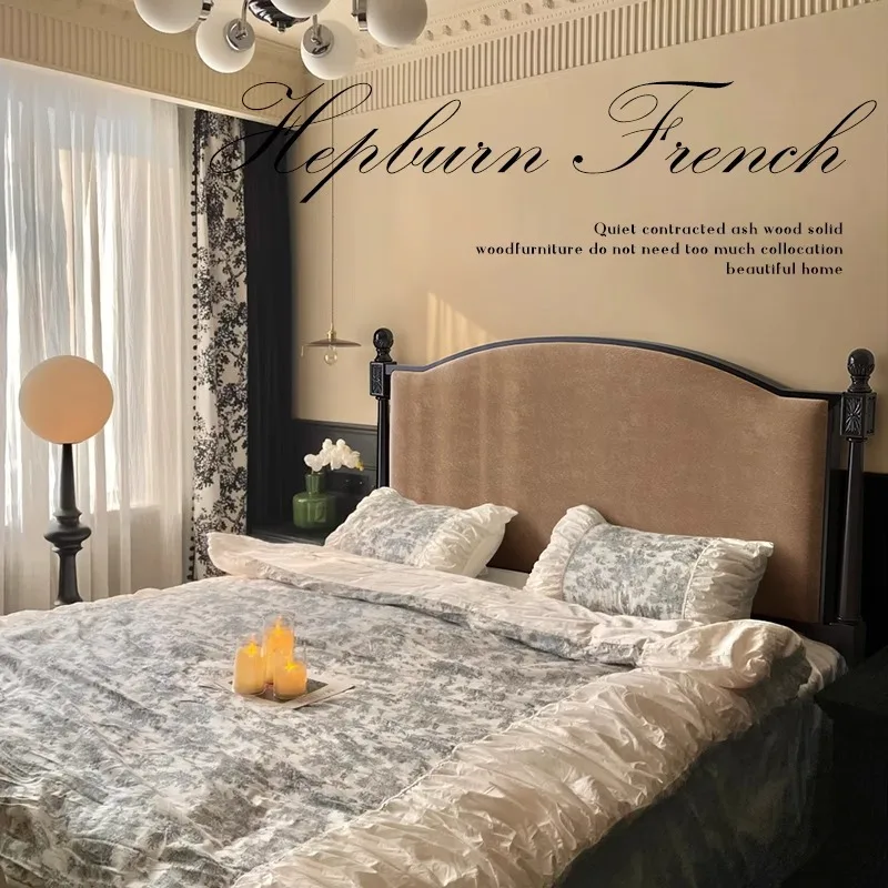 

French retro bed double master bedroom 1.8m American solid wood soft bag black Paris modern simple wedding
