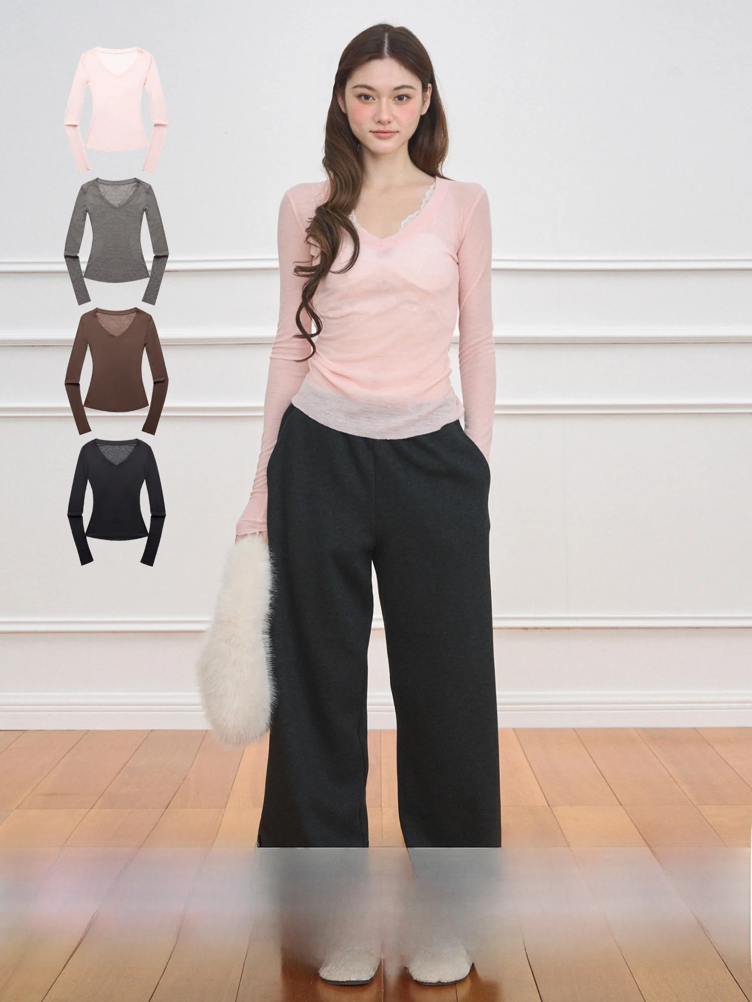 

NECY Studio Women's V-Ne Long Sve Base irt Slim Fit Waist-Cinching Versatile Autumn Winter Faion Trendy Girl Inner Wear