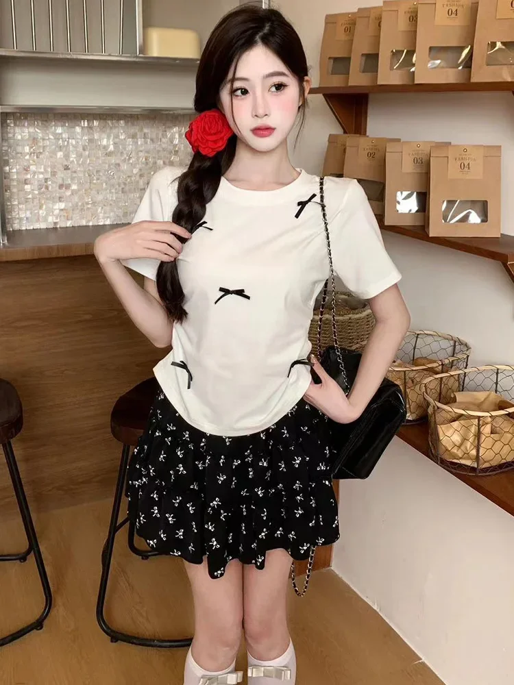 High Quality Beige  A-Line Skirt Office Lady Kawaii Bow Printed Vintage Cozy Pleated Skirt Lace Party Prom Korean Preppy Style