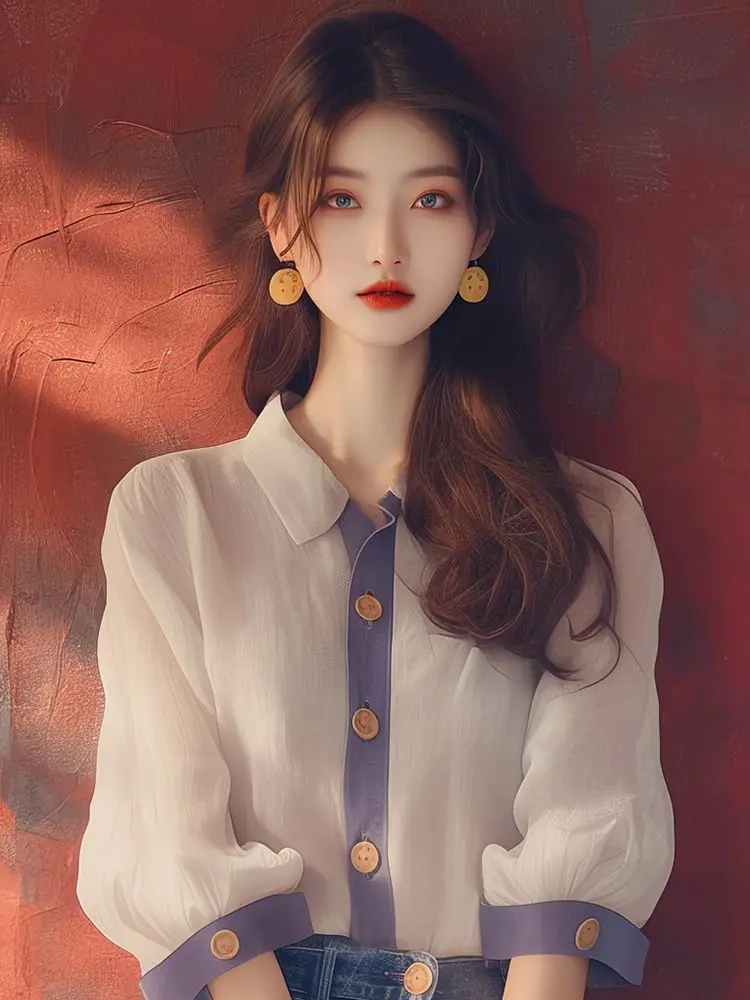 Damska bluzka szyfonowa z golfem w stylu francuskim, elegancka, luźna, z krótkim rękawem, idealna na wiosnę i jesień.