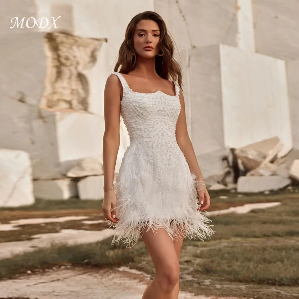 MODX Luxuriöses Hochzeitskleid mit Federn und Perlen, stilvolles Mini-Brautkleid mit dünnen Trägern, maßgeschneiderte, verträumte Brautkleider mit quadratischem Ausschnitt