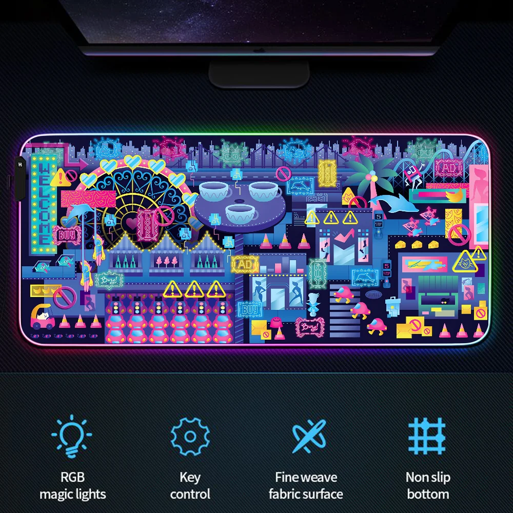 PC 게임 액세서리 사이버 시티 확장 패드 데스크탑 데스크 매트, RGB 마우스 매트, 900x400 게이머 사무실 키보드 마우스 패드 Xxl
