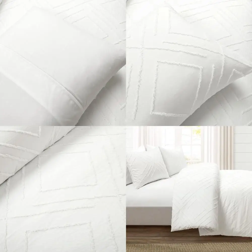 

King Size White Jacquard Diamond Clip Duvet Cover Set - 3-Piece Boho Style Bedding