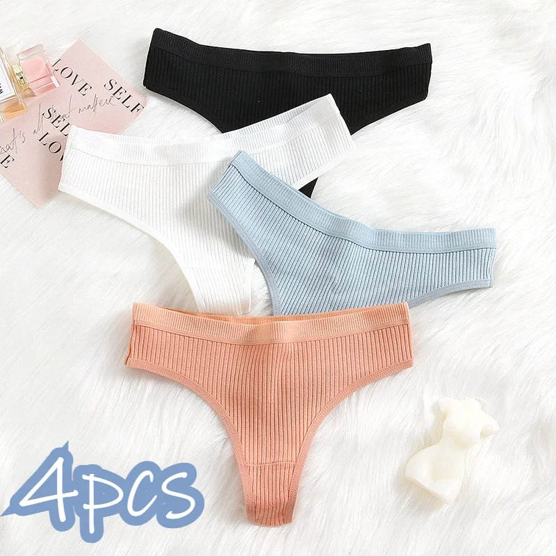 4pcs Women's Panties Set Sexy Striped Thong Comfortable Low Waist Underwear Sports G-Strings Soft Cotton Crotch Cozy Briefs