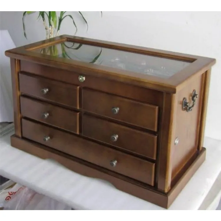 Solid Wood Display Case Cabinet Tool Storage Cabinet with Glass Top Cover Lockable Walnut Finish