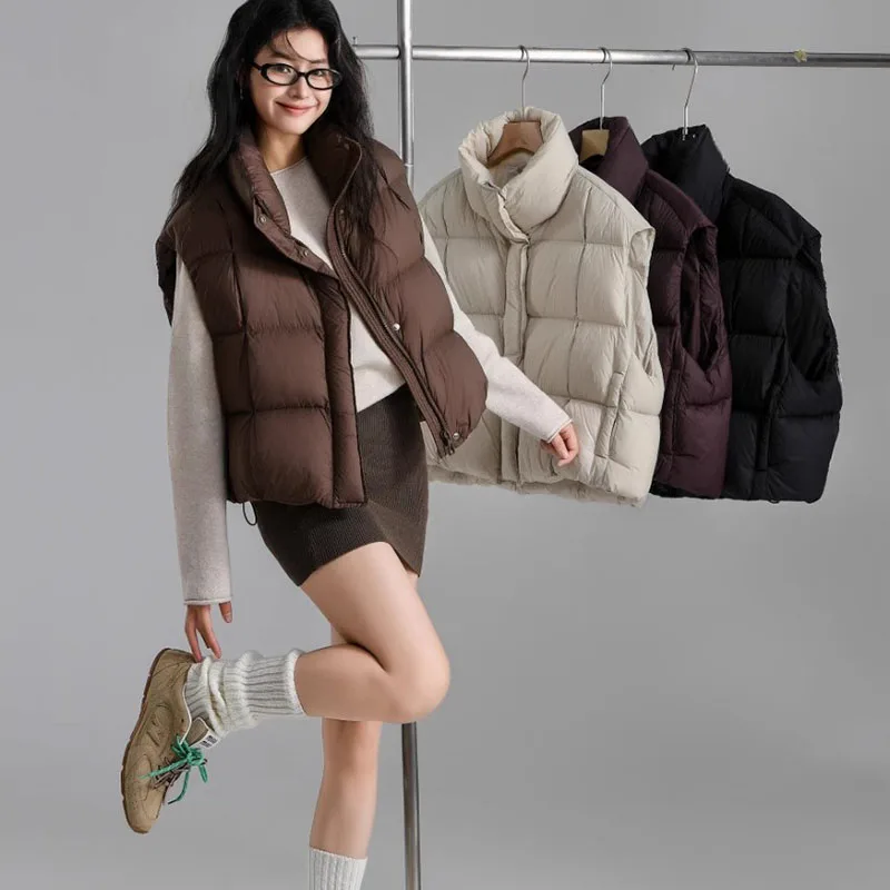 New Short Stand-Up Collar Thickened Down Women's Waistcoat For Winter Cream Puff-Like Warm White Duck Down Vest JJ645