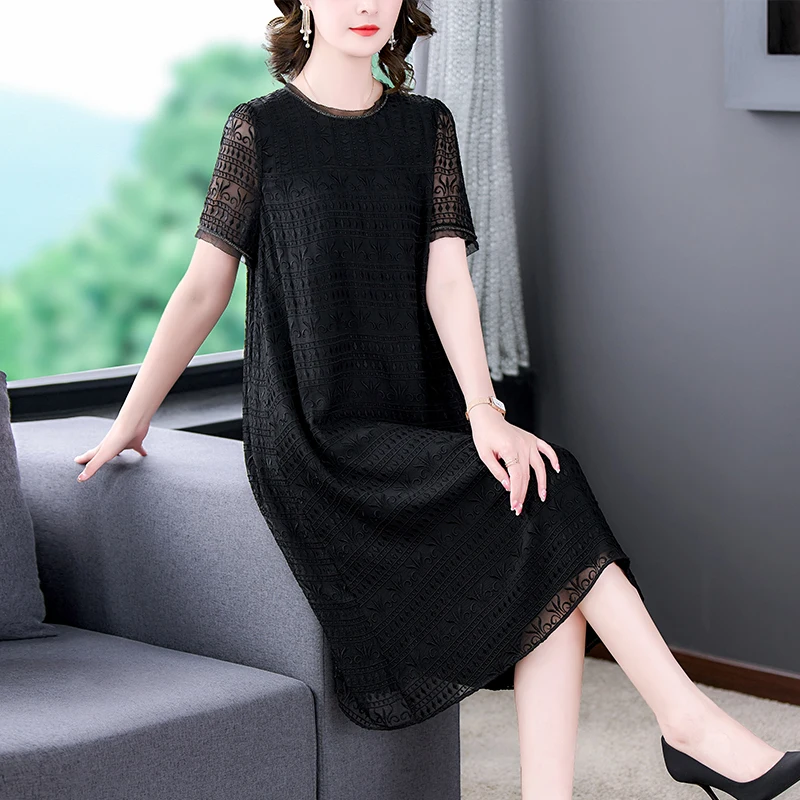 2023 Spring and Summer New Short Sleeve Black Silk Embroidery Dress O-Neck Mesh Splice Women's Loose Large Slim Knee LengthDress