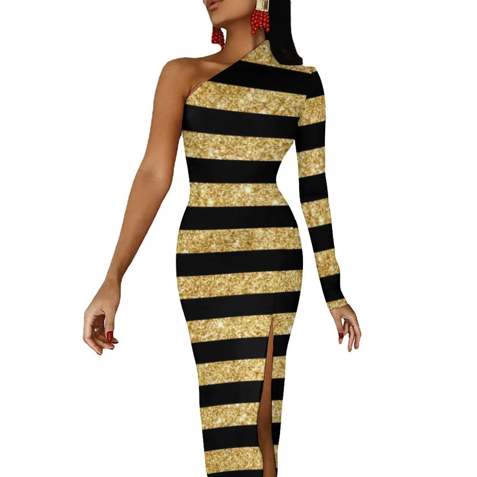 

Black Stripes Bodycon Dress Ladies Elegant Gold Glitter Modern Maxi Dress One Shoulder Aesthetic Graphic Dresses Birthday Gift