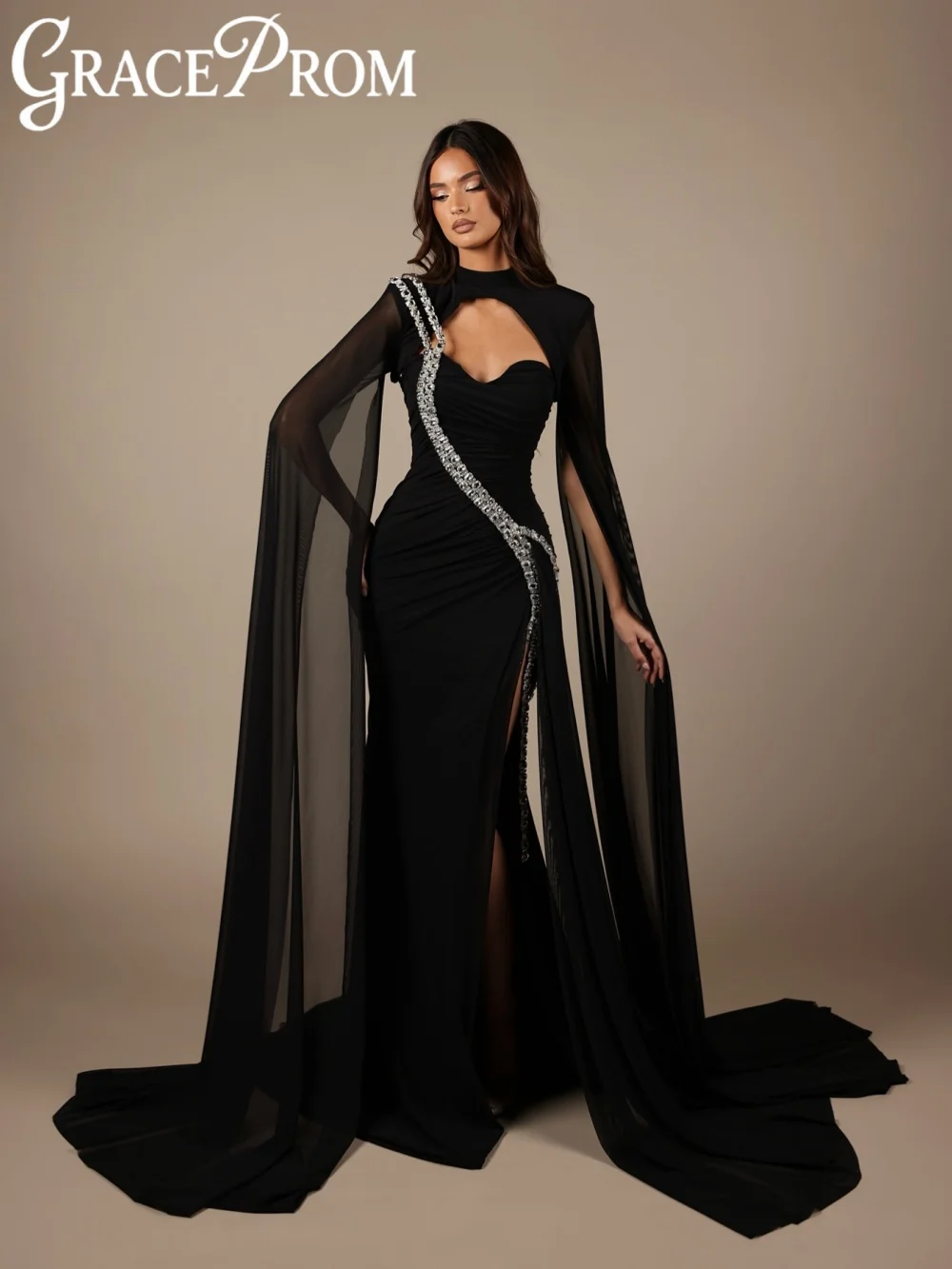 

2026 New Silver Crystal Evening Dress Elegant Cape Sleeve Mermaid Long Wedding Party Gown Customized Glamorous Banquet Dresses