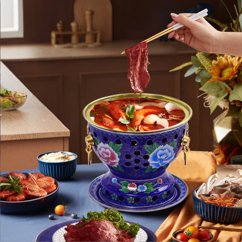 

High Quality Chinese Copper Hot Pot Cloisonne Enamel Pure Copper Small Hot Pot Alcohol Small Hotpot Picnic Cooker