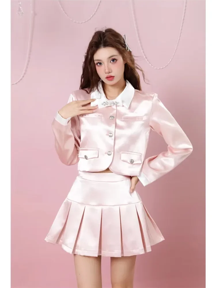 Insozkdg Light Pink Glossy Satin Chic Jacket + Pleated Skirt Elegant Two-Piece Set Women Female Office Lady High Quality Trendy