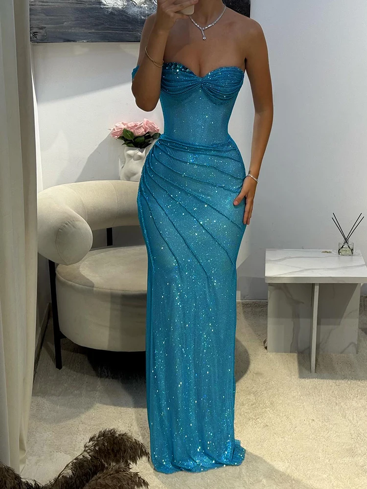 Vestidos de noite sereia sem alças azuis VC para mulheres – vestido maxi bodycon com glitter elegante vestido de baile de festa