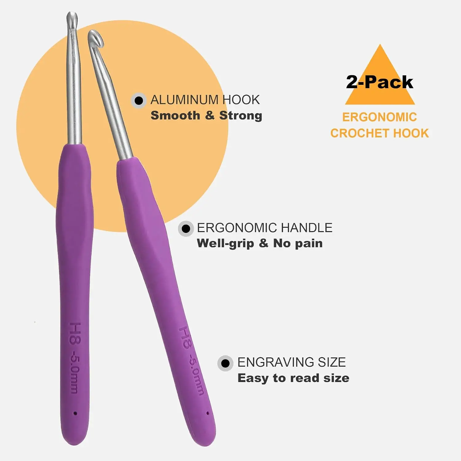 2Pcs 5.0mm Crochet Hooks, Ergonomic Handle for Arthritis, Extra Long Smooth Hook for Beginners view 2
