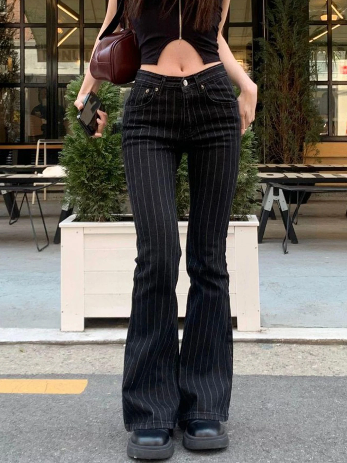 

Винтажные расклешенные джинсы в полоску с низкой талией, женские повседневные утягивающие брюки-клеш с рисунком, модные хлопковые эластичные джинсовые брюки