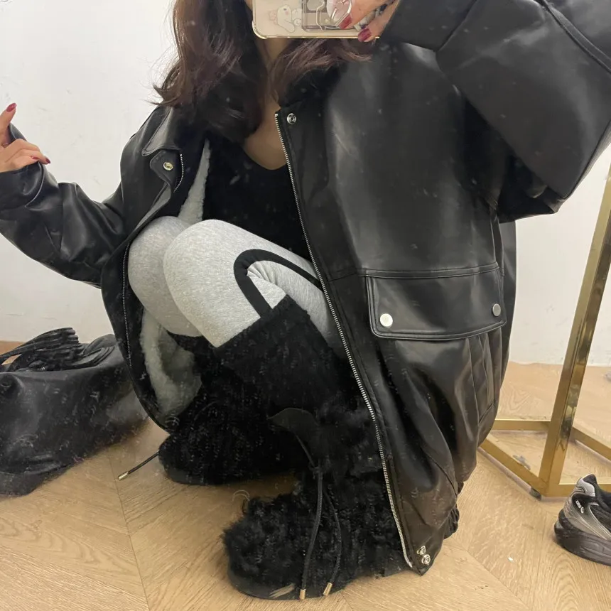 레트로 홍콩 슬레 여성 PU 가죽 재킷 겨울 따뜻한 또는 느슨한 양털 안감 코트 통근 Faion Long Sve
