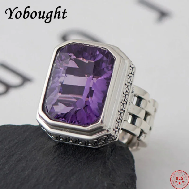 

S925 Sterling Silver Rings For Women Men New Fashion Square Cutting Surface Pink Zircon Natural Amethyst Jewelry Free Shipping