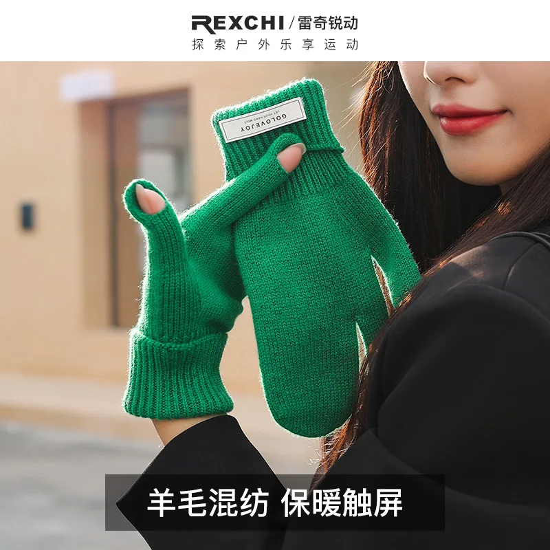 Winter Wool Knitted Knitting Wool Gloves Student Outdoor Cycling and Driving Casual All-Match Leaky Finger Touch Screen Warm Glo